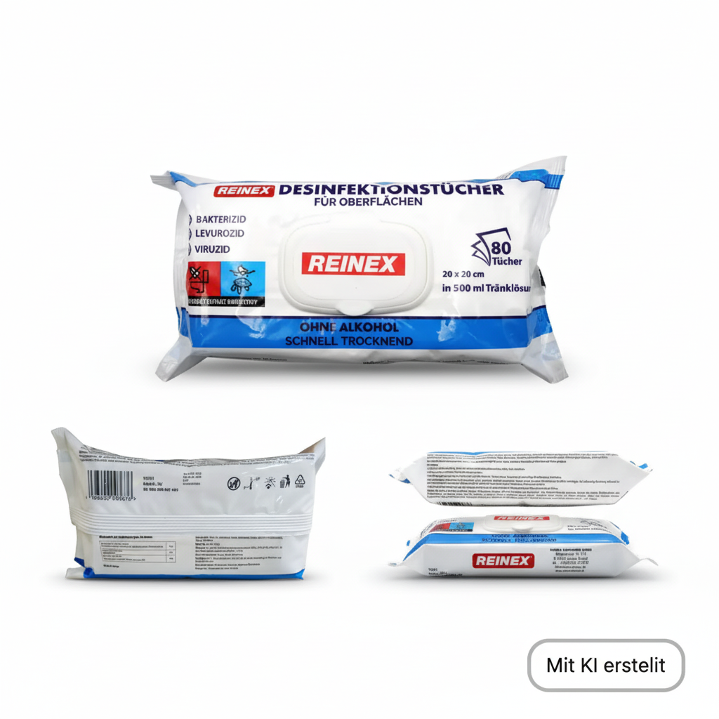 REINEX Desinfektionstücher mit drei Produktansichten